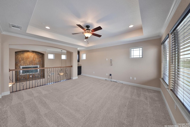 523 White Cyn, San Antonio, TX 78260 - spare room featuring a tray ceiling, ceiling fan, baseboards, carpet floors, and recessed lighting