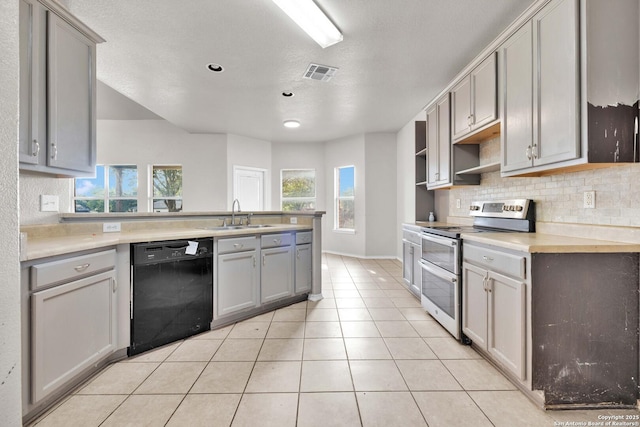 6818 Sabine Pass, San Antonio, TX 78242 - kitchen featuring dishwasher, double oven range, gray cabinets, a sink, and a peninsula