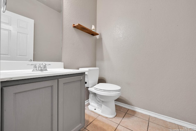 6818 Sabine Pass, San Antonio, TX 78242 - half bath with tile patterned flooring, vanity, toilet, baseboards, and a textured wall