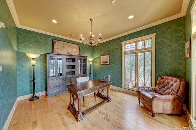 1104 Lois St, Kerrville, TX 78028 - home office with light wood-type flooring, a chandelier, ornamental molding, baseboards, and recessed lighting