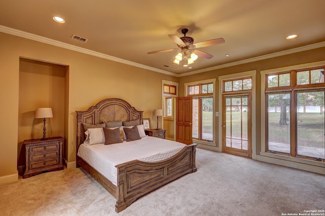 1104 Lois St, Kerrville, TX 78028 - bedroom featuring light colored carpet, access to exterior, recessed lighting, crown molding, and ceiling fan