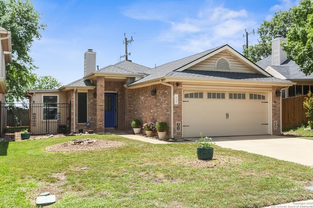 ranch-style home featuring a garage, concrete driveway, brick siding, and a chimney