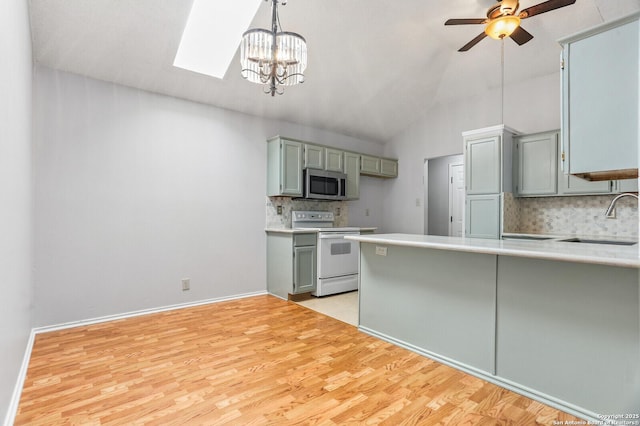 kitchen featuring white range with electric cooktop, stainless steel microwave, a sink, backsplash, and light wood-style flooring
