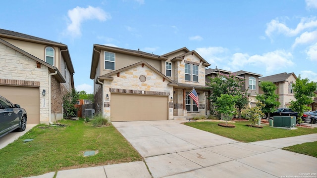 13154 Beals, San Antonio, TX 78253 - craftsman-style house with stone siding, driveway, central air condition unit, stucco siding, and an attached garage