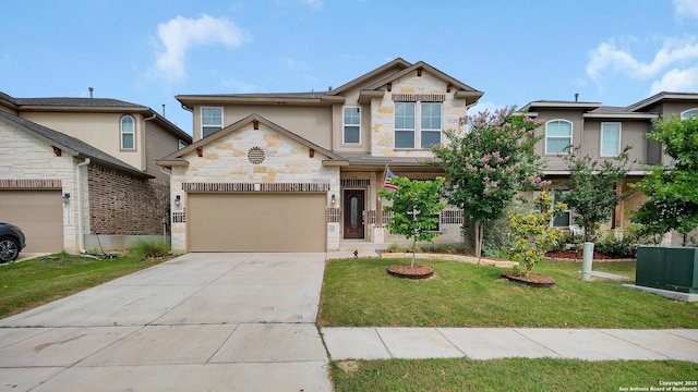 13154 Beals, San Antonio, TX 78253 - view of front of property featuring stone siding, concrete driveway, a front yard, and stucco siding