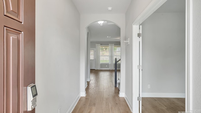 13154 Beals, San Antonio, TX 78253 - hallway with light wood-type flooring, arched walkways, and baseboards