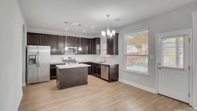 13154 Beals, San Antonio, TX 78253 - kitchen featuring appliances with stainless steel finishes, a sink, dark brown cabinetry, decorative backsplash, and a center island