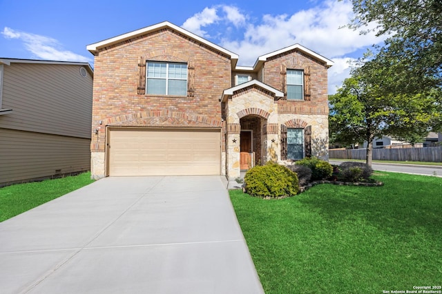 102 Ville Serene, San Antonio, TX 78253 - view of front facade featuring an attached garage, driveway, brick siding, and stone siding
