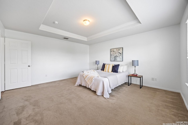 102 Ville Serene, San Antonio, TX 78253 - bedroom featuring a tray ceiling, carpet flooring, baseboards, and crown molding