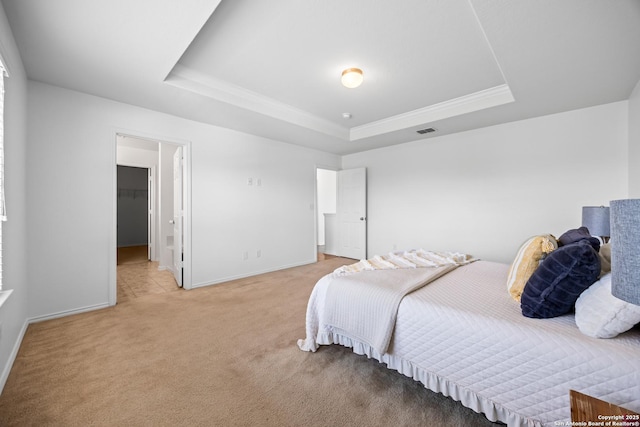 102 Ville Serene, San Antonio, TX 78253 - bedroom with light colored carpet, a tray ceiling, baseboards, and ornamental molding