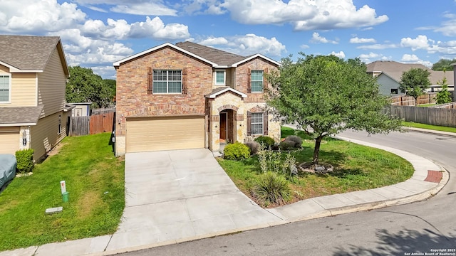 102 Ville Serene, San Antonio, TX 78253 - traditional home with stone siding, a garage, brick siding, and concrete driveway