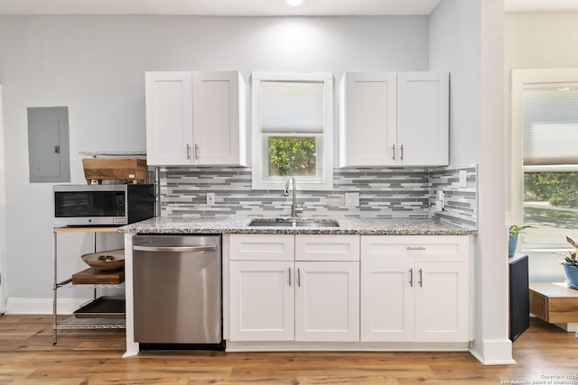 944 Fulton, San Antonio, TX 78201 - kitchen with appliances with stainless steel finishes, a sink, electric panel, decorative backsplash, and light stone countertops