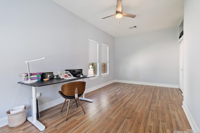 944 Fulton, San Antonio, TX 78201 - home office with wood finished floors, a ceiling fan, and baseboards