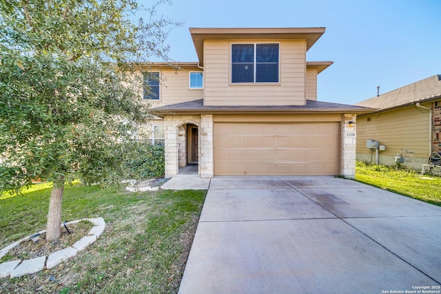 12358 Erstein, Selma, TX 78154 - traditional-style house featuring concrete driveway, stone siding, an attached garage, and a front lawn