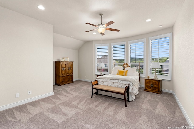 28114 Versant, Boerne, TX 78015 - carpeted bedroom with recessed lighting, lofted ceiling, and ceiling fan