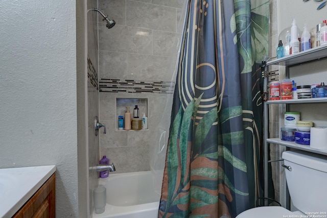 910 Halliday, San Antonio, TX 78210 - full bath featuring a textured wall, toilet, shower / tub combo with curtain, and vanity