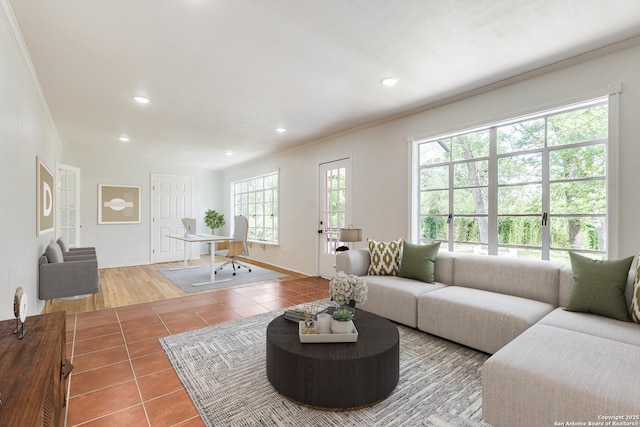123 W Mandalay, San Antonio, TX 78212 - living area featuring crown molding, tile patterned flooring, recessed lighting, and baseboards