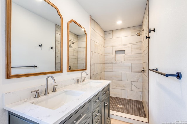 123 W Mandalay, San Antonio, TX 78212 - full bathroom with tiled shower, double vanity, and recessed lighting
