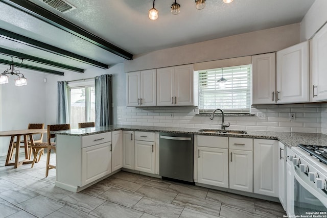 4439 Tropical Dr, San Antonio, TX 78218 - kitchen featuring dishwasher, gas range gas stove, a sink, decorative backsplash, and white cabinets