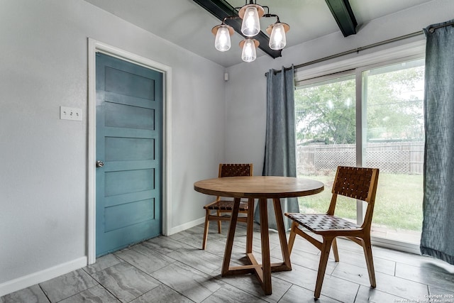 4439 Tropical Dr, San Antonio, TX 78218 - dining space featuring baseboards, a chandelier, and beam ceiling