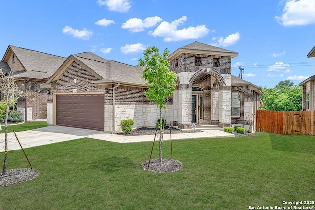 french country home with brick siding, an attached garage, concrete driveway, and roof with shingles
