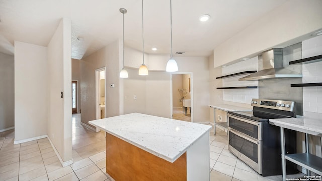 217 Sky View Dr, Adkins, TX 78101 - kitchen featuring double oven range, wall chimney range hood, open shelves, backsplash, and a kitchen island