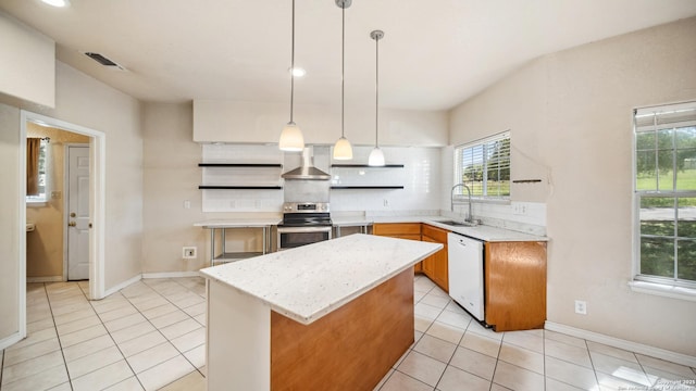 217 Sky View Dr, Adkins, TX 78101 - kitchen featuring white dishwasher, wall chimney range hood, stainless steel range with electric cooktop, backsplash, and light tile patterned flooring