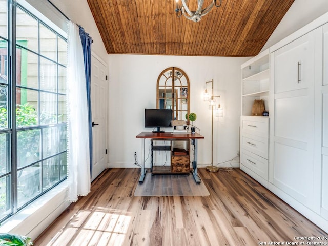 3605 Hidden Unit E1, San Antonio, TX 78217 - home office featuring lofted ceiling, wooden ceiling, light wood finished floors, and a chandelier