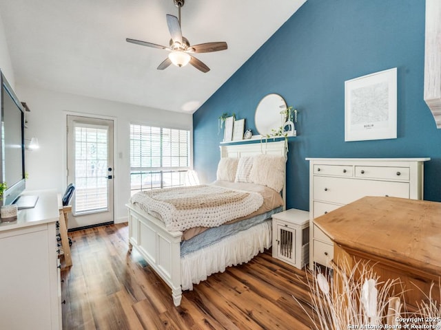 3605 Hidden Unit E1, San Antonio, TX 78217 - bedroom with vaulted ceiling, wood finished floors, access to exterior, and a ceiling fan