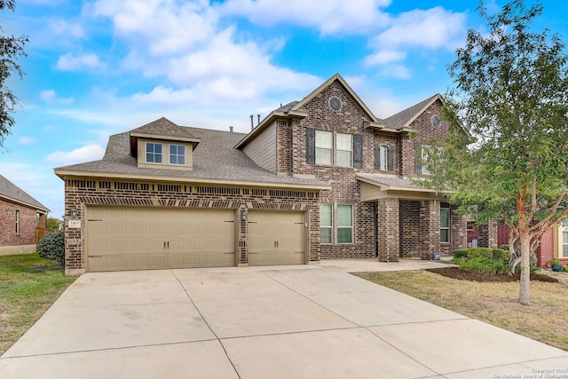 3419 Cherokee, San Antonio, TX 78253 - view of front of home with brick siding, driveway, roof with shingles, and an attached garage