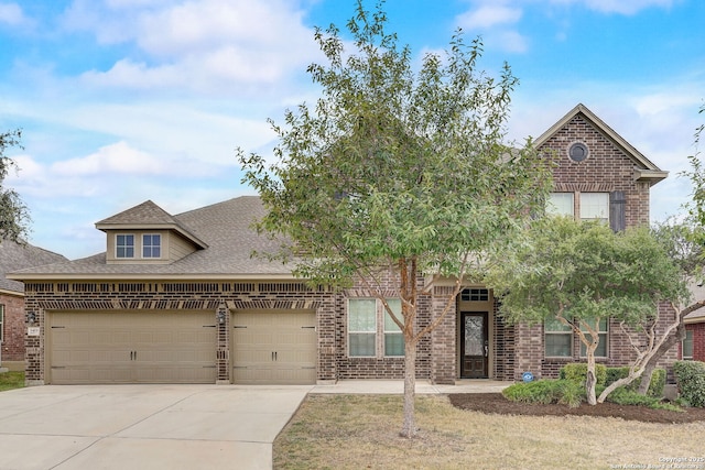 3419 Cherokee, San Antonio, TX 78253 - view of front of home with brick siding, concrete driveway, roof with shingles, and an attached garage