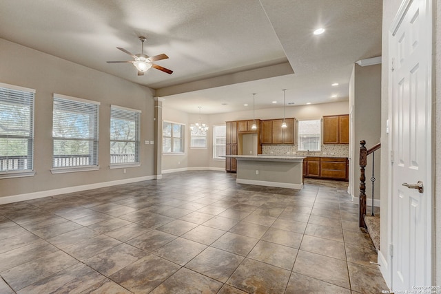 3419 Cherokee, San Antonio, TX 78253 - kitchen featuring open floor plan, ceiling fan, a chandelier, tasteful backsplash, and recessed lighting