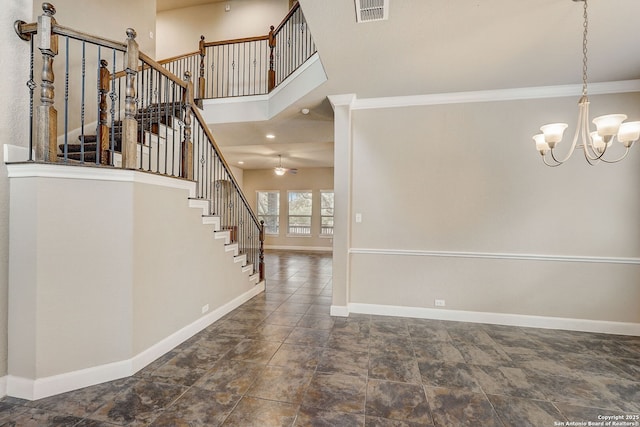 3419 Cherokee, San Antonio, TX 78253 - foyer entrance featuring baseboards, stairway, ornamental molding, a chandelier, and stone finish flooring