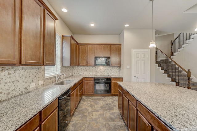 3419 Cherokee, San Antonio, TX 78253 - kitchen with black appliances, a sink, decorative backsplash, light stone countertops, and stone finish flooring