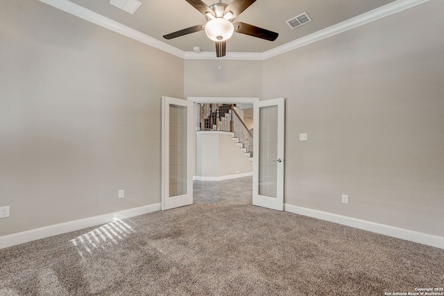 3419 Cherokee, San Antonio, TX 78253 - carpeted spare room featuring french doors, crown molding, stairway, baseboards, and a ceiling fan
