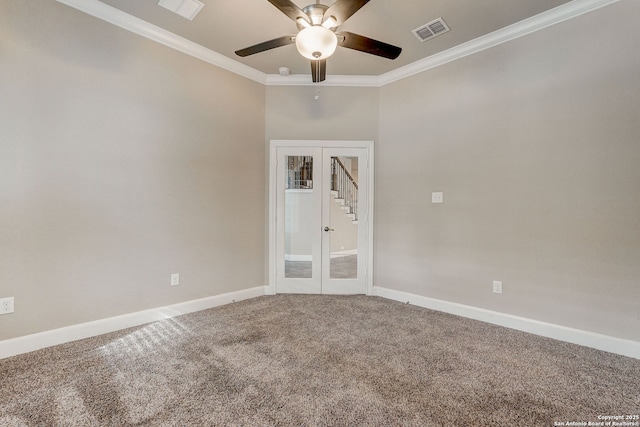 3419 Cherokee, San Antonio, TX 78253 - unfurnished room with french doors, ornamental molding, carpet floors, ceiling fan, and baseboards