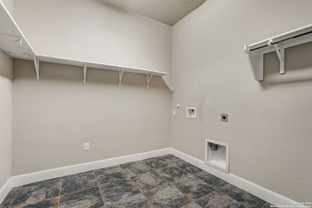 3419 Cherokee, San Antonio, TX 78253 - laundry area featuring electric dryer hookup, hookup for a washing machine, baseboards, hookup for a gas dryer, and dark stone finish flooring