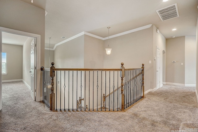 3419 Cherokee, San Antonio, TX 78253 - hallway with carpet flooring, ornamental molding, baseboards, an upstairs landing, and recessed lighting