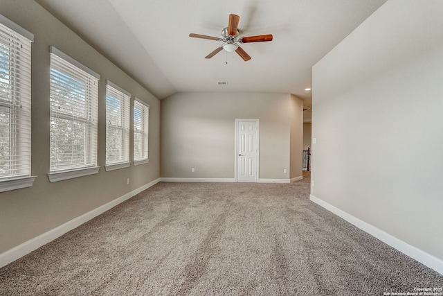 3419 Cherokee, San Antonio, TX 78253 - empty room with ceiling fan, carpet floors, baseboards, and vaulted ceiling