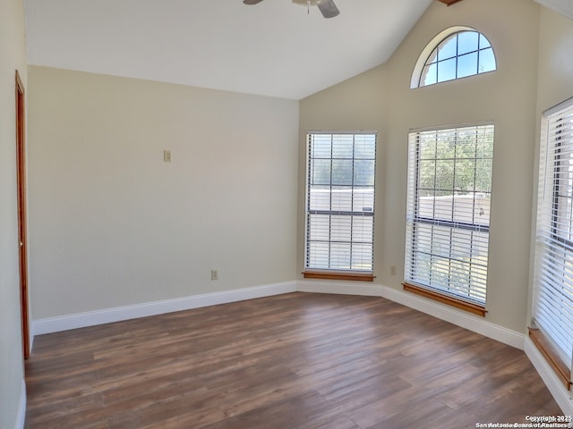 6718 Congressional Blvd, San Antonio, TX 78244 - spare room featuring ceiling fan, dark wood-style flooring, baseboards, and high vaulted ceiling
