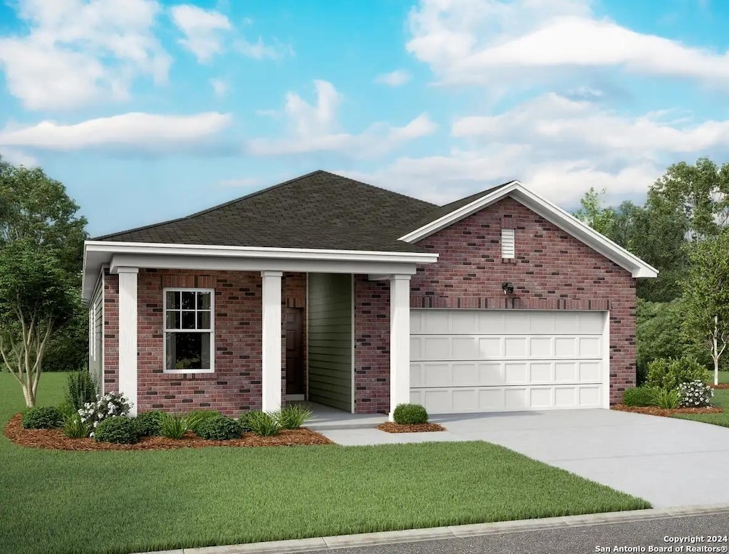 14406 Woodland Holw, San Antonio, TX 78252 - ranch-style home featuring brick siding, a front yard, a garage, and concrete driveway