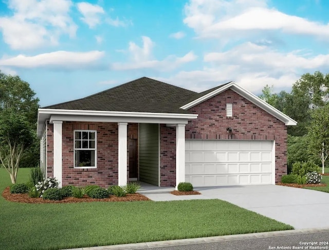 14406 Woodland Holw, San Antonio, TX 78252 - ranch-style home featuring brick siding, a front yard, a garage, and concrete driveway