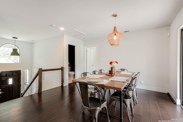9811 Rebel Queen, San Antonio, TX 78255 - dining space with dark wood-type flooring, baseboards, recessed lighting, and attic access