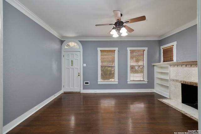 1717 W Summit Ave, San Antonio, TX 78201 - unfurnished living room with ceiling fan, wood finished floors, crown molding, baseboards, and a high end fireplace