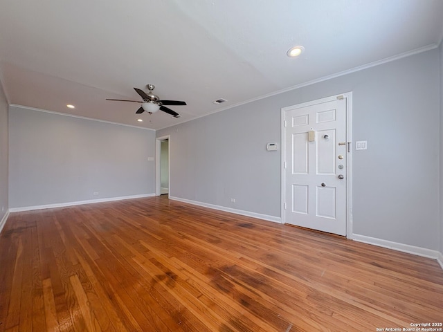 155 Eland, San Antonio, TX 78213 - empty room featuring ornamental molding, ceiling fan, hardwood / wood-style floors, baseboards, and recessed lighting