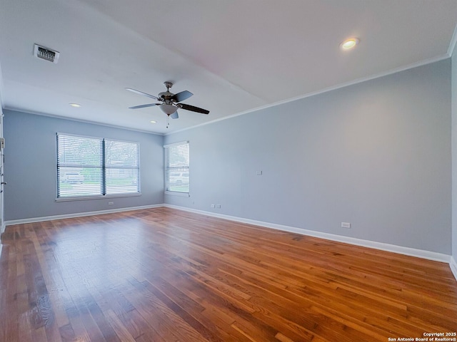155 Eland, San Antonio, TX 78213 - unfurnished room featuring ornamental molding, a ceiling fan, baseboards, wood finished floors, and recessed lighting