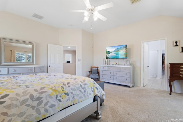 21503 Rio Comal, San Antonio, TX 78259 - bedroom with carpet floors, lofted ceiling, and ceiling fan
