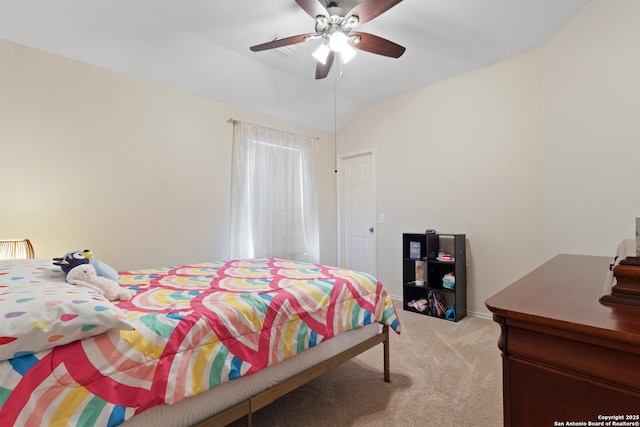 21503 Rio Comal, San Antonio, TX 78259 - bedroom with light colored carpet, lofted ceiling, a ceiling fan, and baseboards