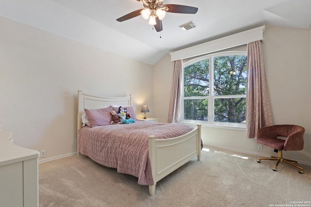 21503 Rio Comal, San Antonio, TX 78259 - bedroom featuring light carpet, baseboards, vaulted ceiling, and ceiling fan