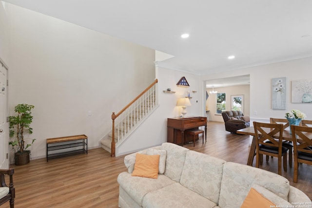 21503 Rio Comal, San Antonio, TX 78259 - living area featuring crown molding, stairway, light wood-type flooring, recessed lighting, and baseboards